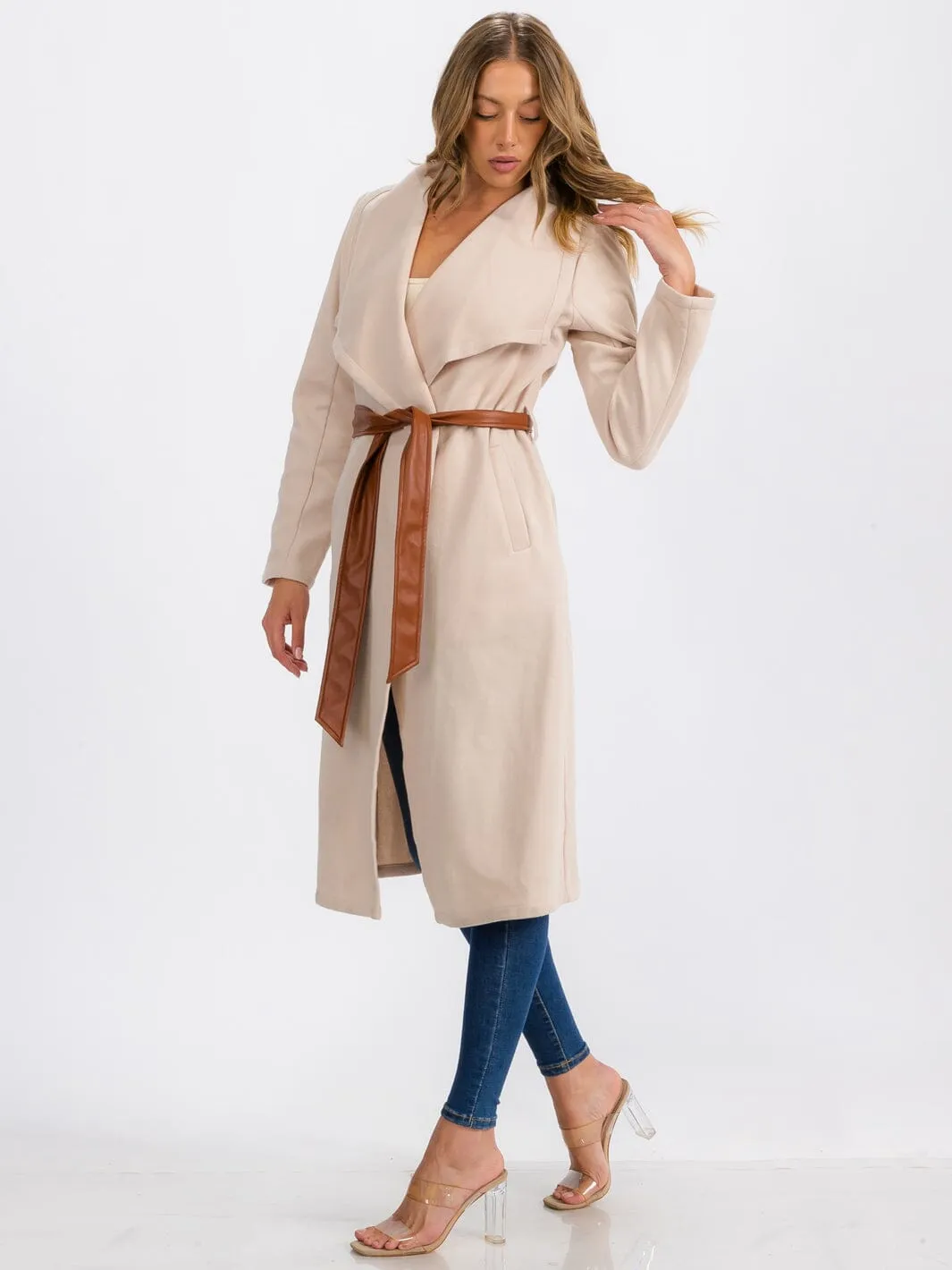 WOMEN'S LONG SLEEVE OPEN FRONT SELF TIE COAT