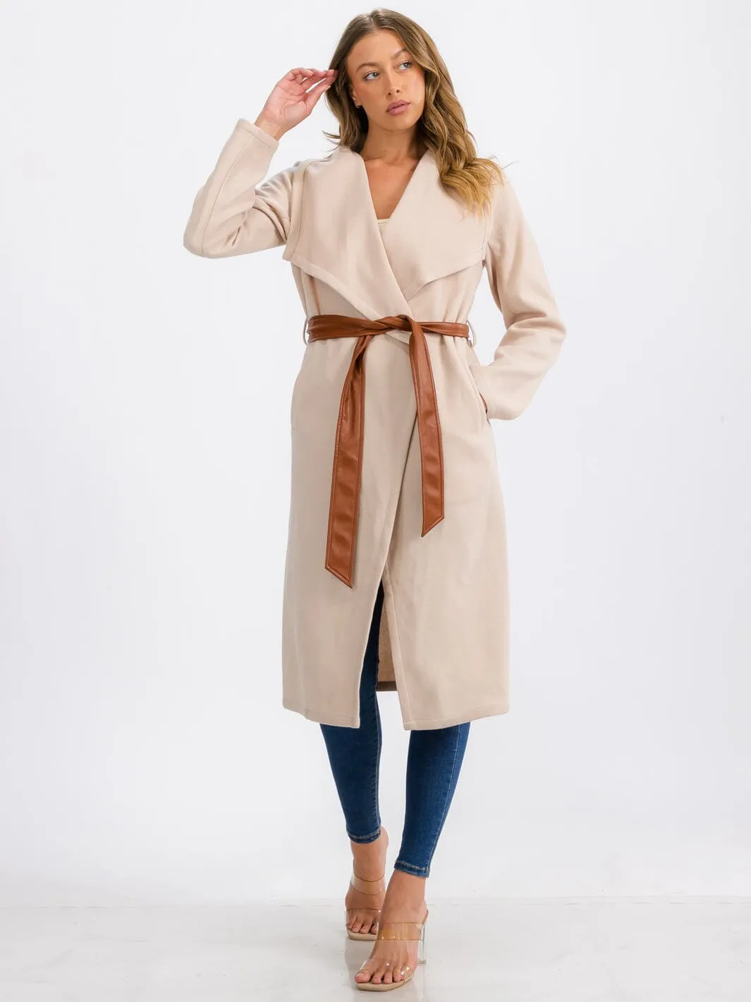 WOMEN'S LONG SLEEVE OPEN FRONT SELF TIE COAT