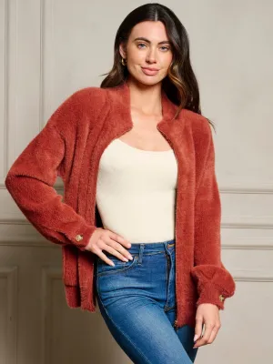 WOMEN'S LONG SLEEVE POCKETS ZIP UP FUZZY JACKET