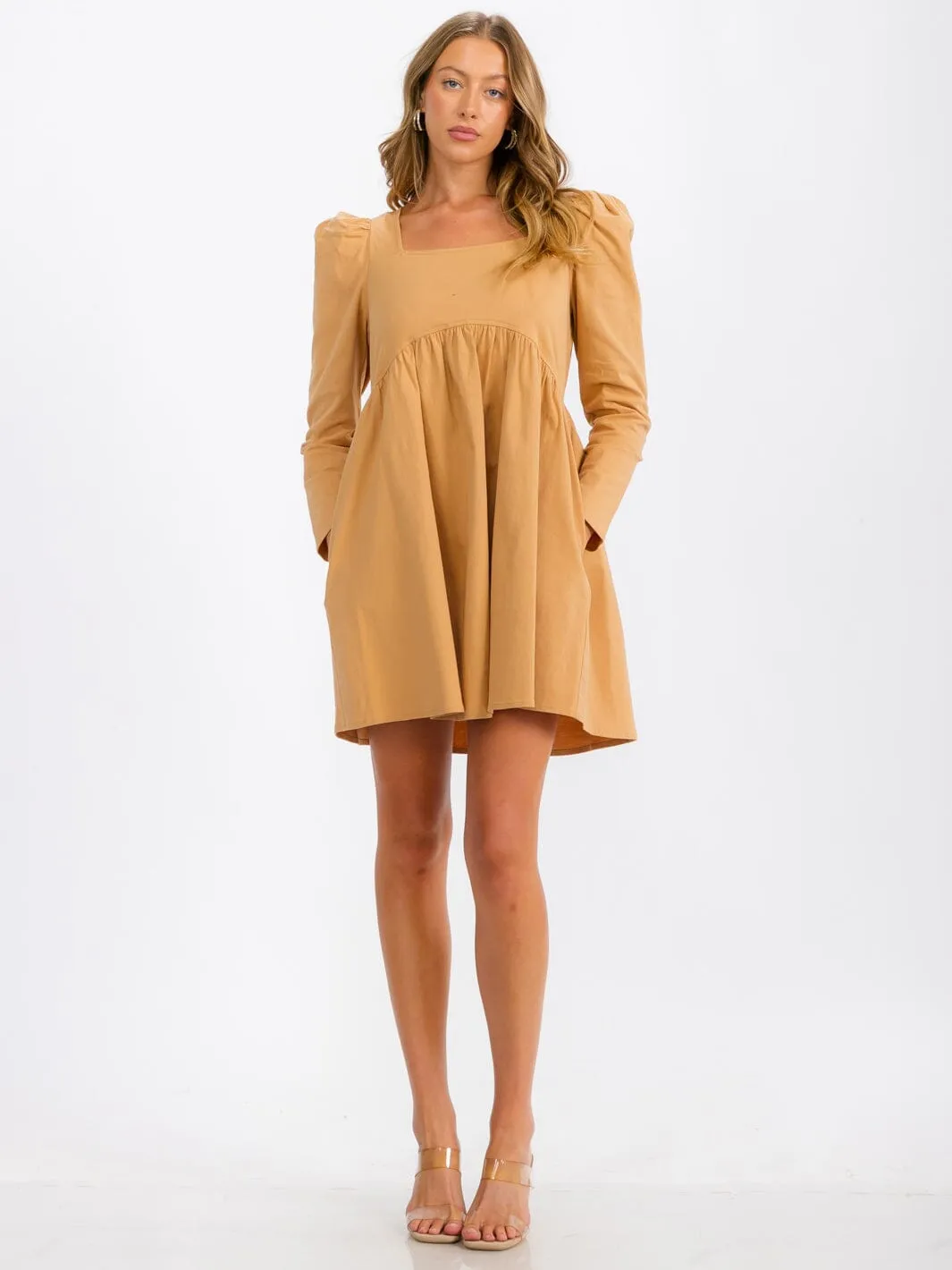 WOMEN'S LONG SLEEVE SQUARE NECK POCKETS TUNIC MINI DRESS