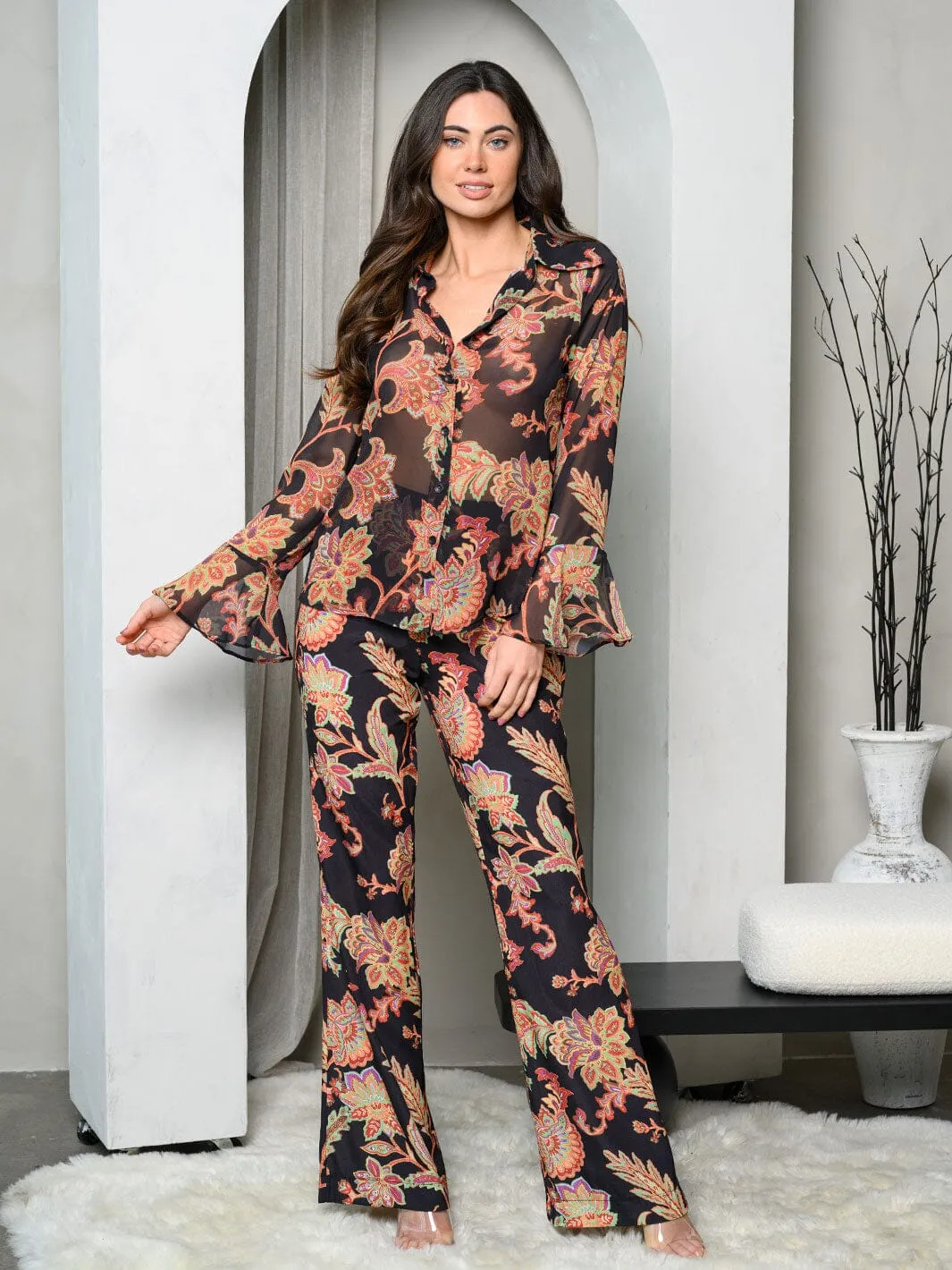 WOMEN'S LONG SLEEVE TOP & PANTS MULTI PRINT SET