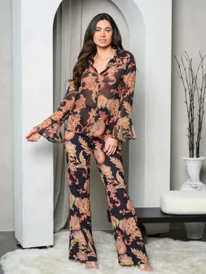 WOMEN'S LONG SLEEVE TOP & PANTS MULTI PRINT SET