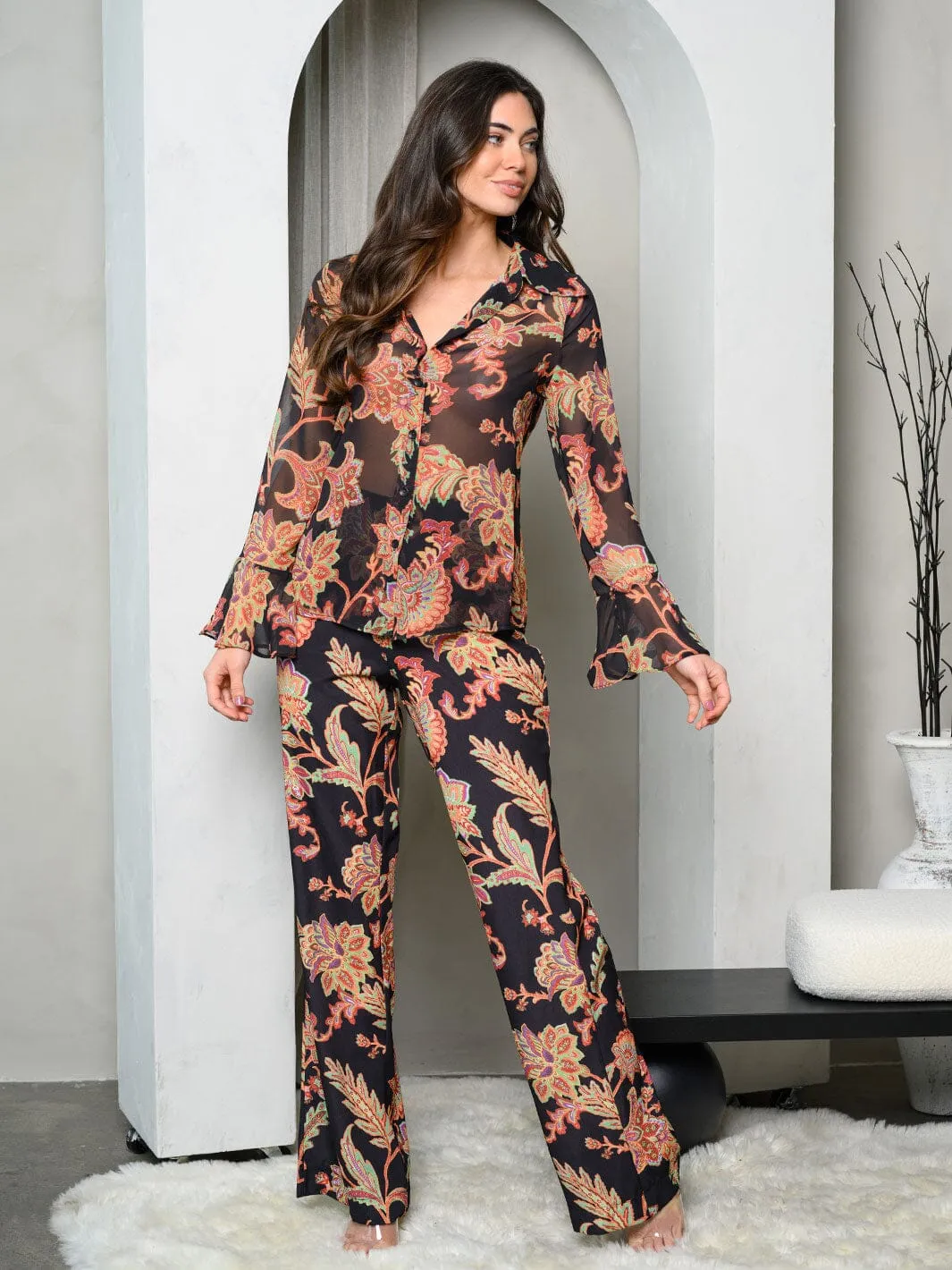 WOMEN'S LONG SLEEVE TOP & PANTS MULTI PRINT SET