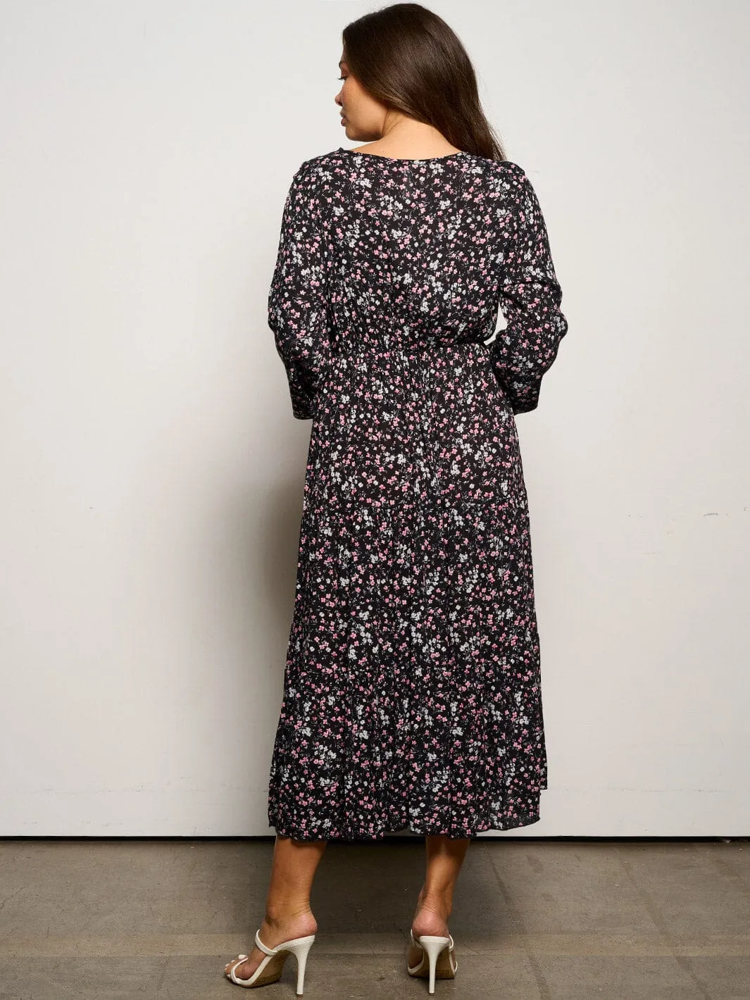 WOMEN'S LONG SLEEVE V-NECK ELASTIC WAIST POCKETS FLORAL MAXI DRESS