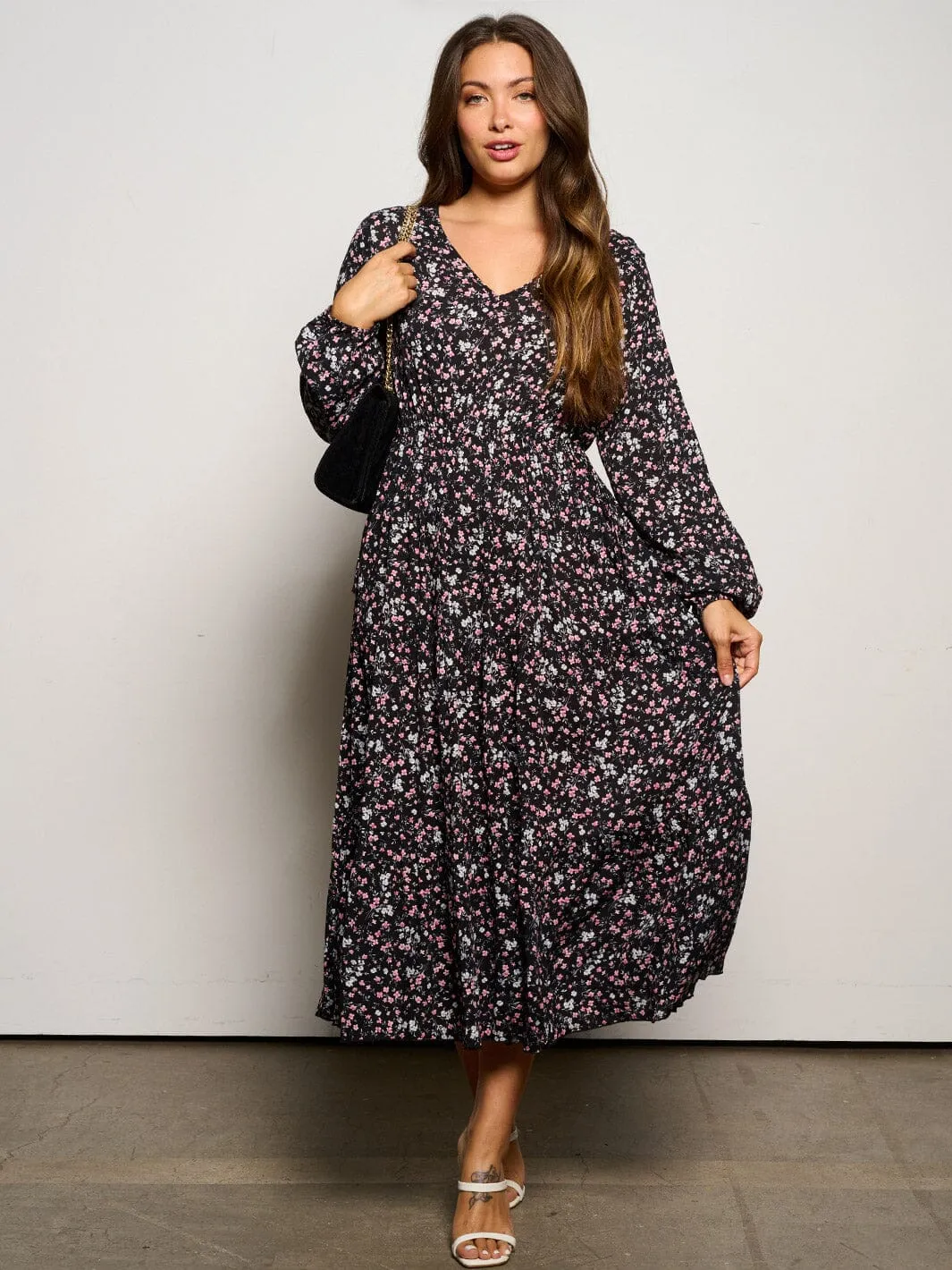 WOMEN'S LONG SLEEVE V-NECK ELASTIC WAIST POCKETS FLORAL MAXI DRESS
