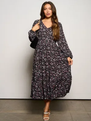 WOMEN'S LONG SLEEVE V-NECK ELASTIC WAIST POCKETS FLORAL MAXI DRESS
