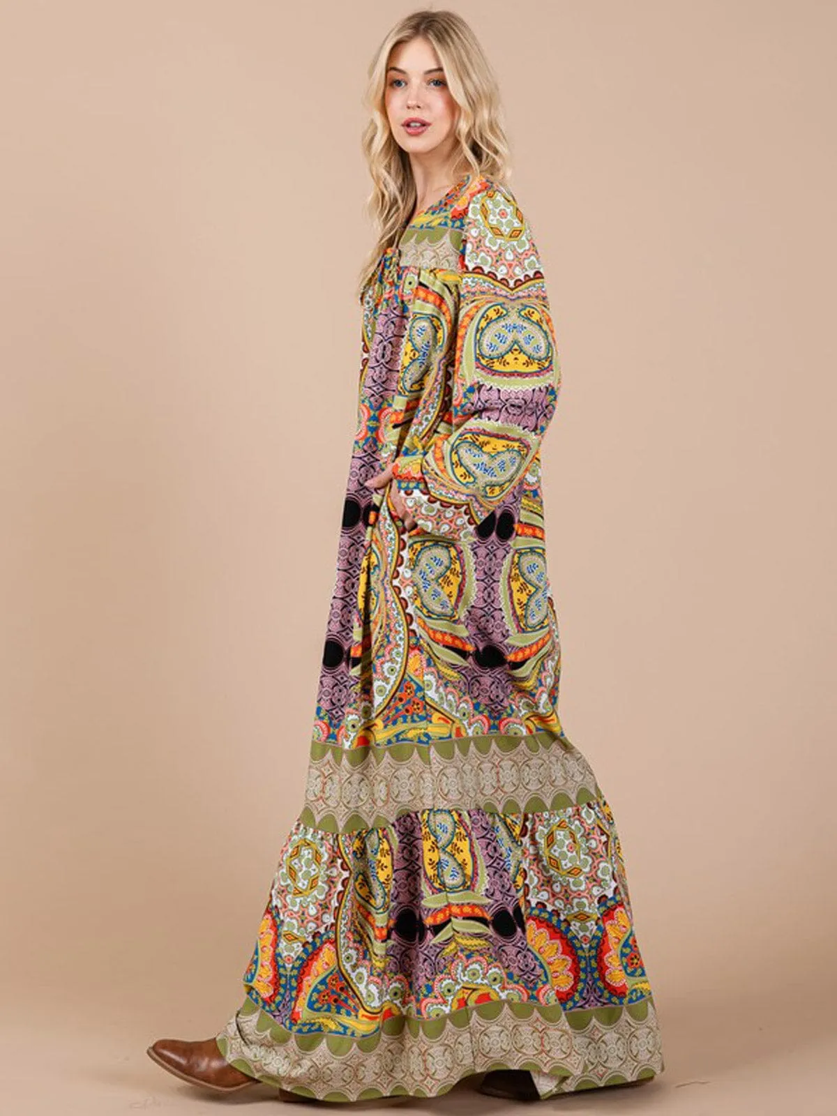 WOMEN'S LONG SLEEVE V-NECK FRONT POCKETS MULTI PRINT MAXI DRESS