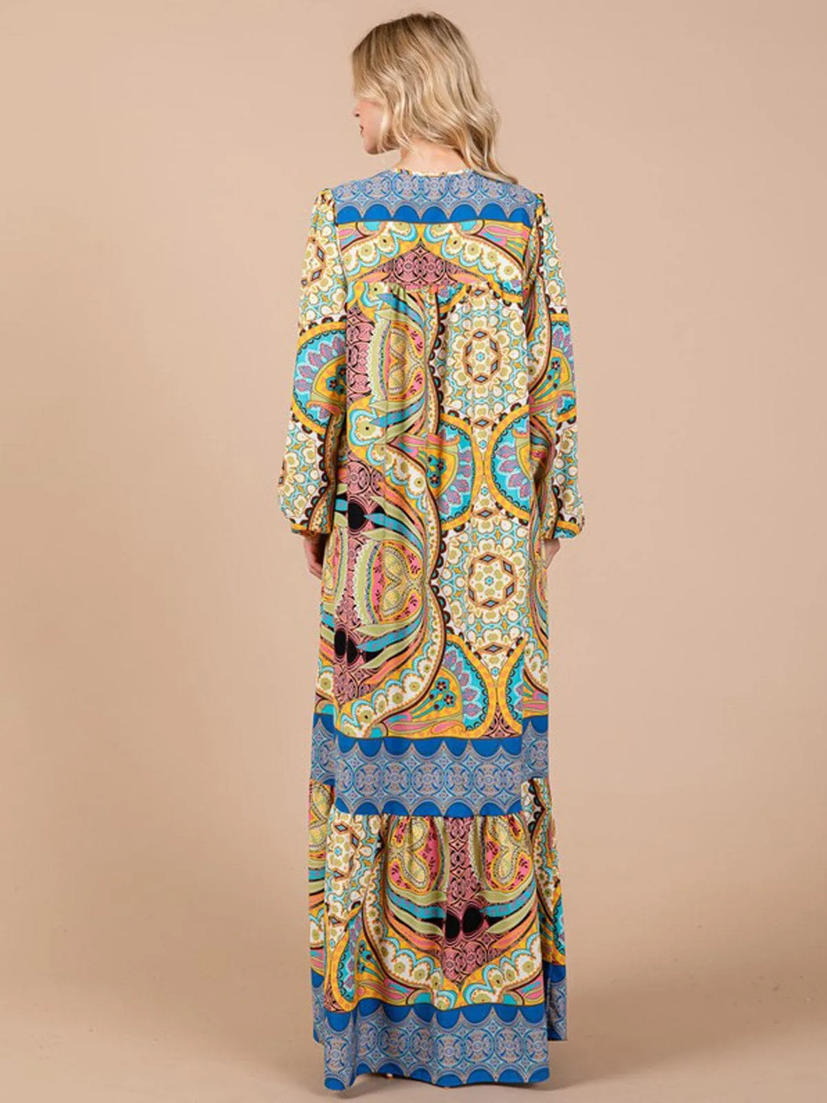 WOMEN'S LONG SLEEVE V-NECK FRONT POCKETS MULTI PRINT MAXI DRESS