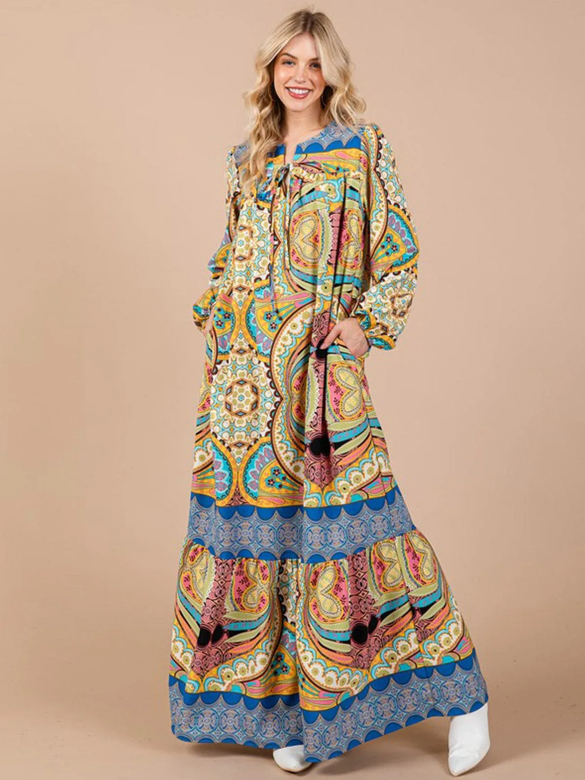 WOMEN'S LONG SLEEVE V-NECK FRONT POCKETS MULTI PRINT MAXI DRESS
