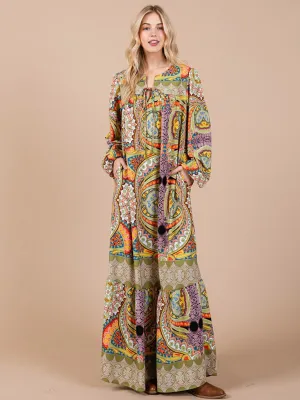 WOMEN'S LONG SLEEVE V-NECK FRONT POCKETS MULTI PRINT MAXI DRESS