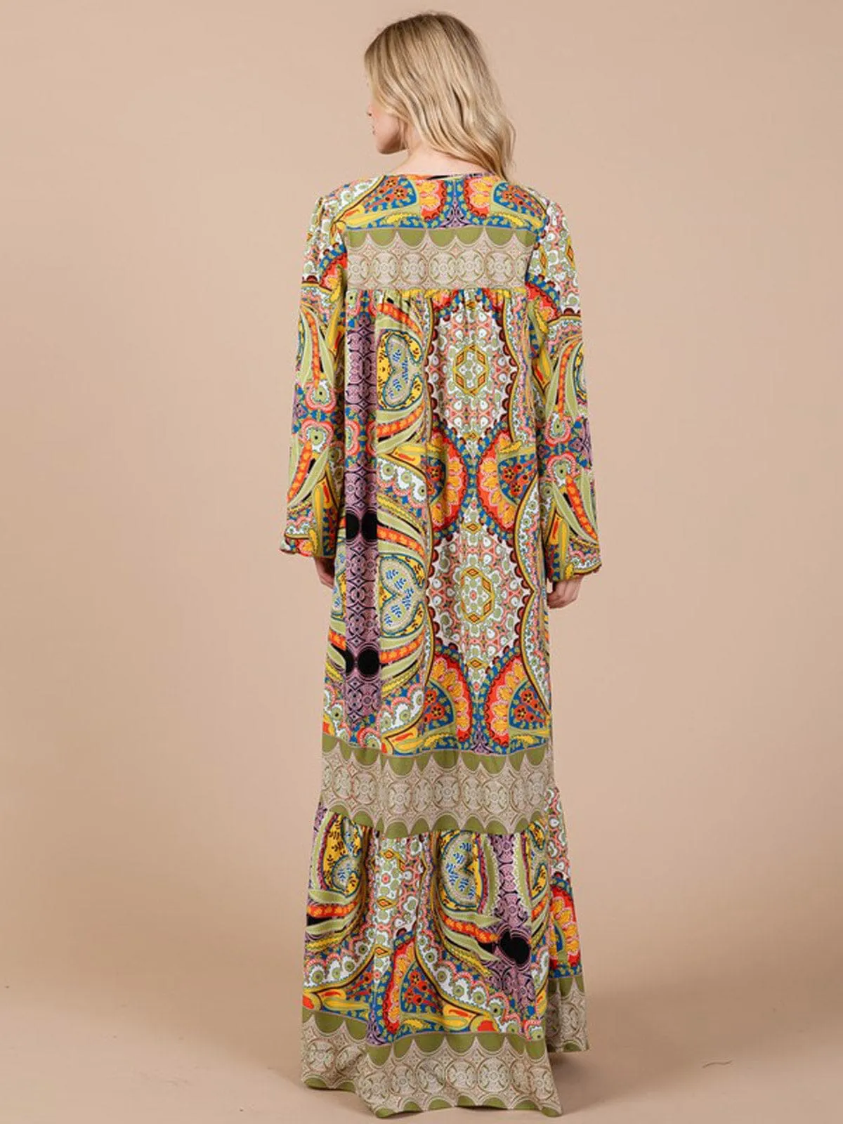WOMEN'S LONG SLEEVE V-NECK FRONT POCKETS MULTI PRINT MAXI DRESS