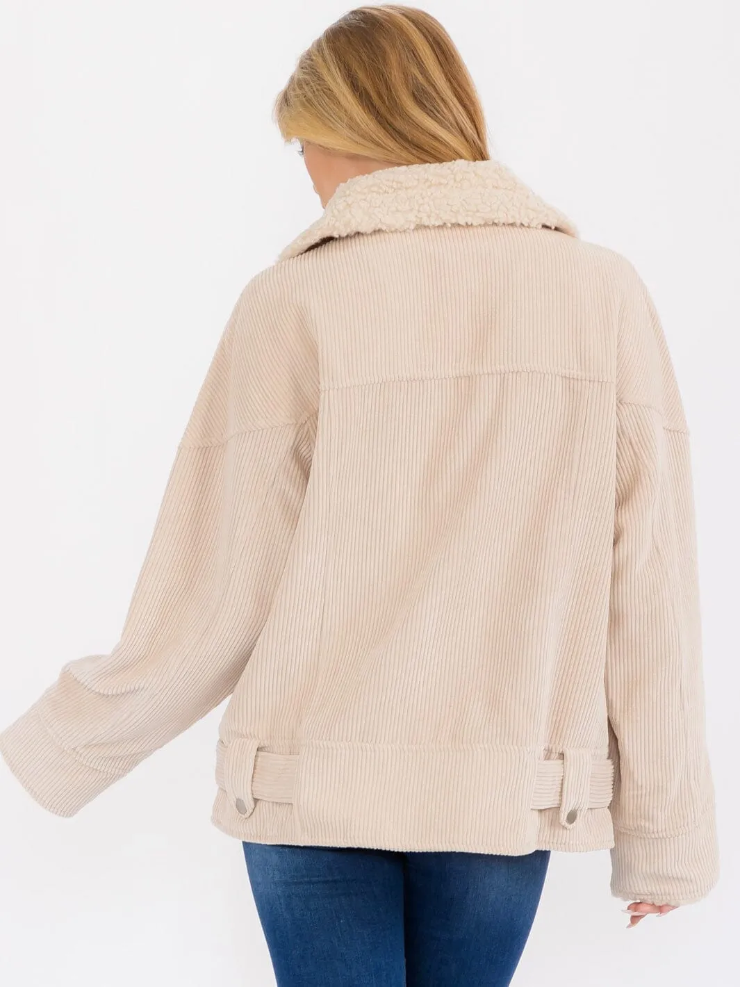 WOMEN'S LONG SLEEVE ZIP UP FRONT POCKETS CORDUROY BELTED JACKET