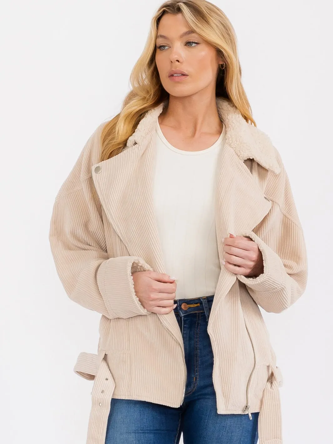 WOMEN'S LONG SLEEVE ZIP UP FRONT POCKETS CORDUROY BELTED JACKET