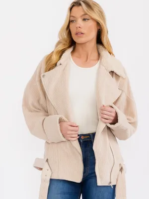 WOMEN'S LONG SLEEVE ZIP UP FRONT POCKETS CORDUROY BELTED JACKET