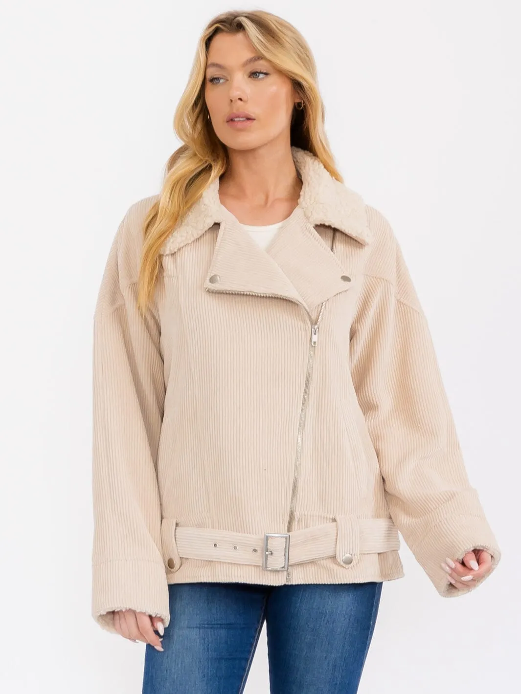 WOMEN'S LONG SLEEVE ZIP UP FRONT POCKETS CORDUROY BELTED JACKET