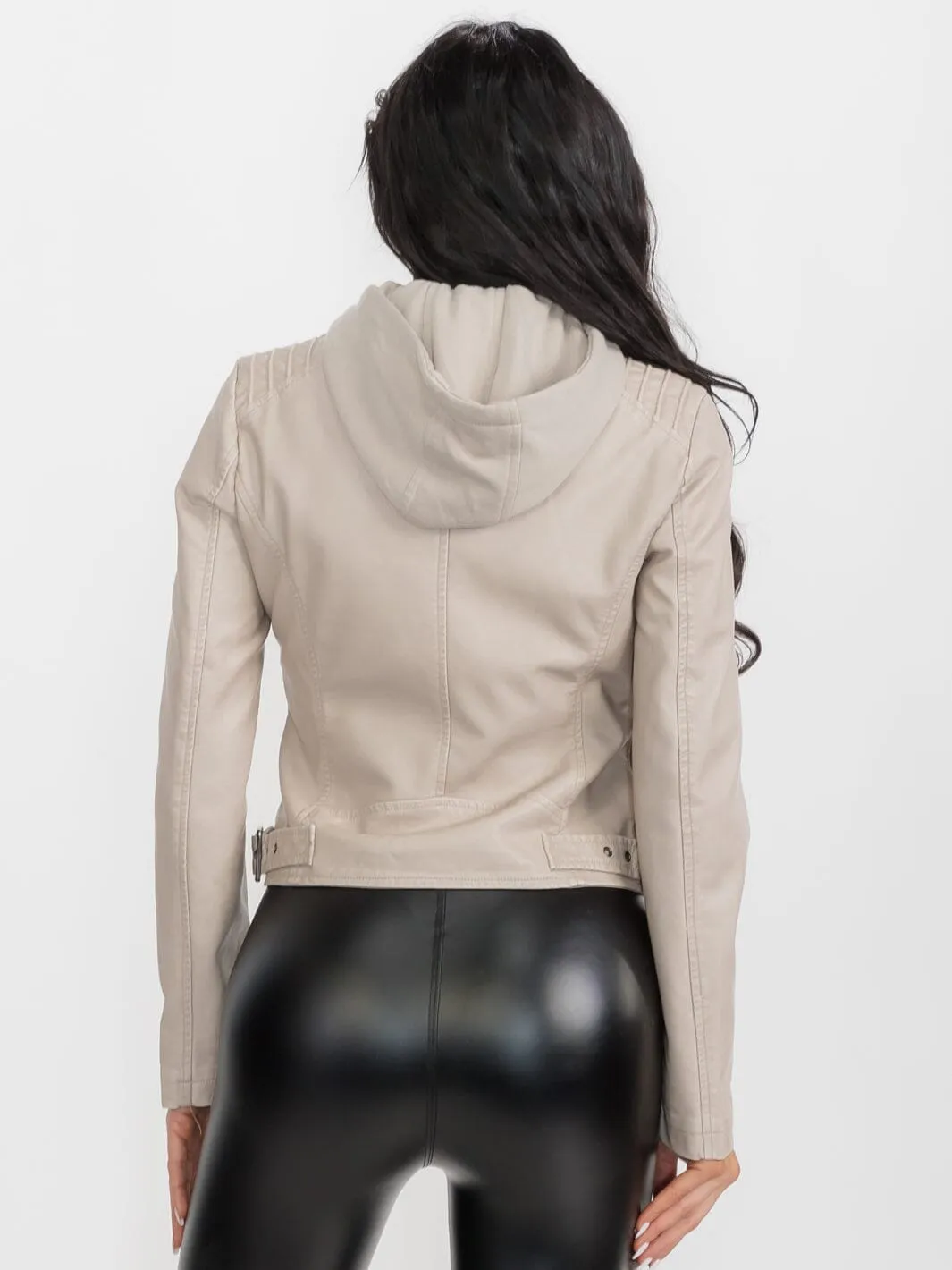 WOMEN'S LONG SLEEVE ZIP UP POCKETS PU PLEATHER HOODED JACKET