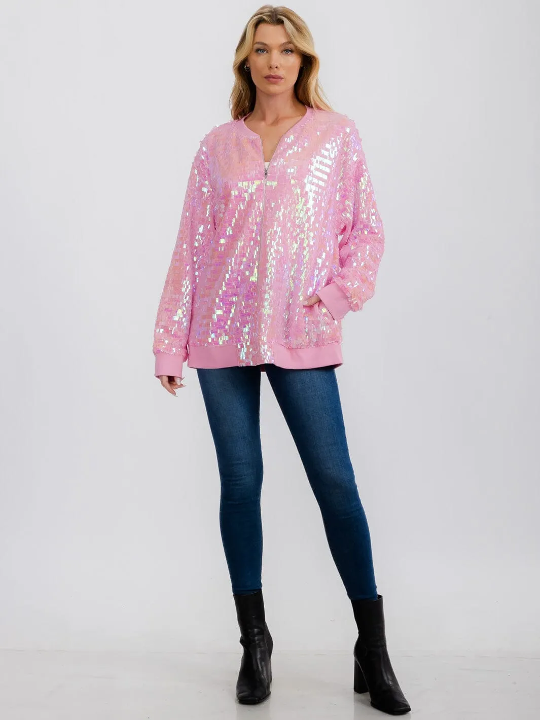 WOMEN'S LONG SLEEVE ZIPPER CLOSURE FRONT POCKETS SEQUINS JACKET