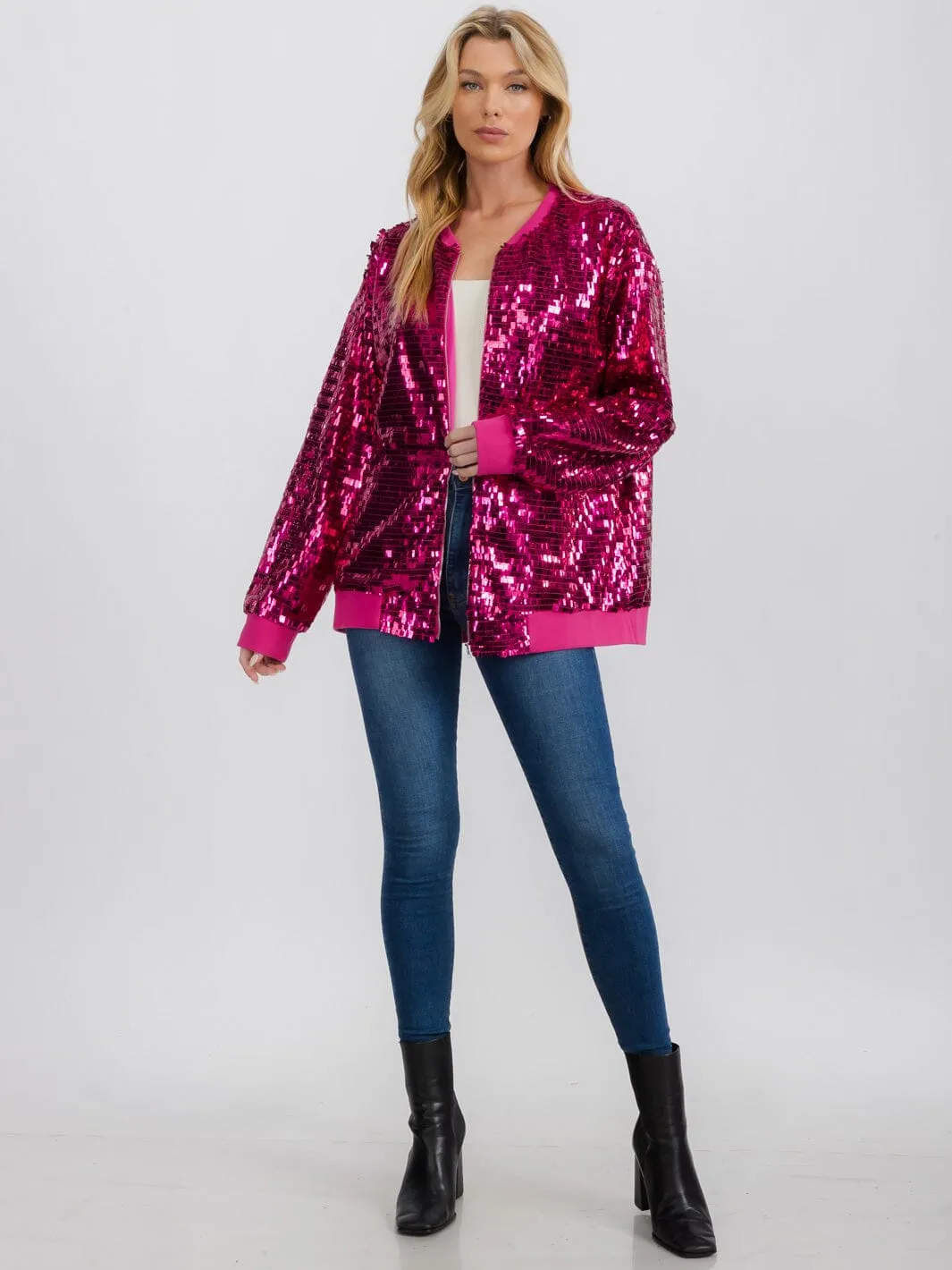 WOMEN'S LONG SLEEVE ZIPPER CLOSURE FRONT POCKETS SEQUINS JACKET
