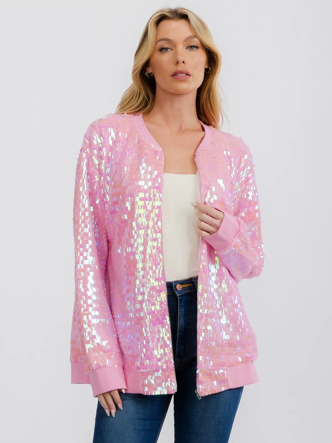 WOMEN'S LONG SLEEVE ZIPPER CLOSURE FRONT POCKETS SEQUINS JACKET
