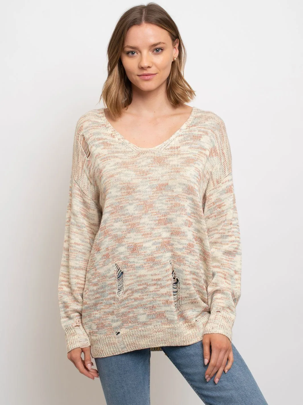 WOMEN'S MULTI COLOR DISTRESSED DETAIL SWEATER