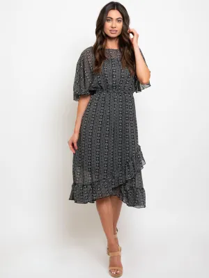WOMEN'S MULTI PRINT RUFFLE MIDI DRESS