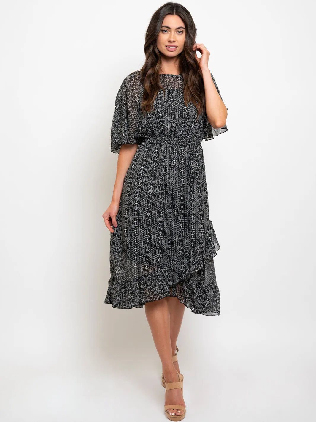 WOMEN'S MULTI PRINT RUFFLE MIDI DRESS