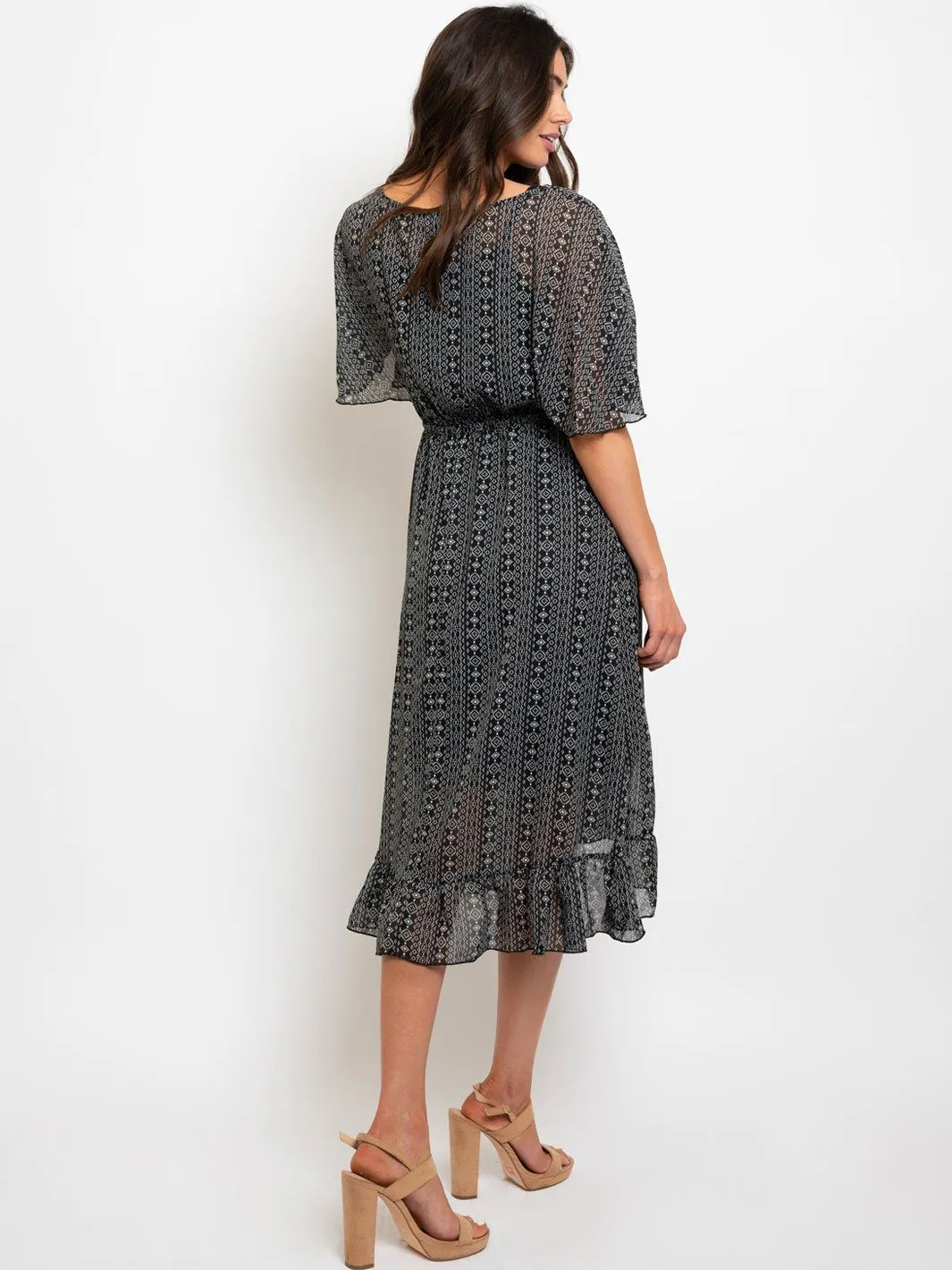 WOMEN'S MULTI PRINT RUFFLE MIDI DRESS
