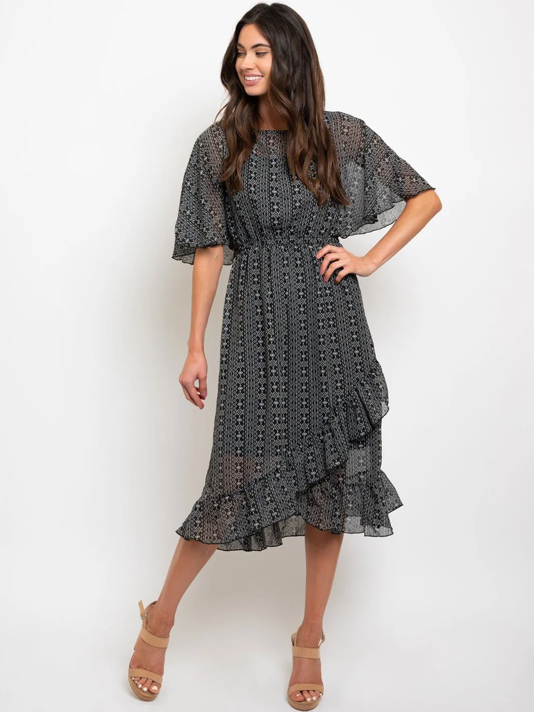 WOMEN'S MULTI PRINT RUFFLE MIDI DRESS