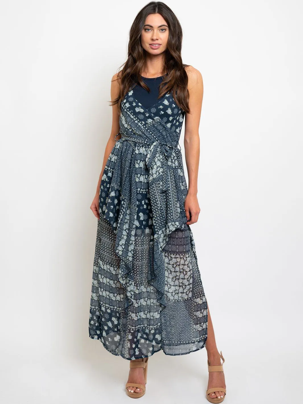WOMEN'S NAVY MULTI PRINT MAXI DRESS