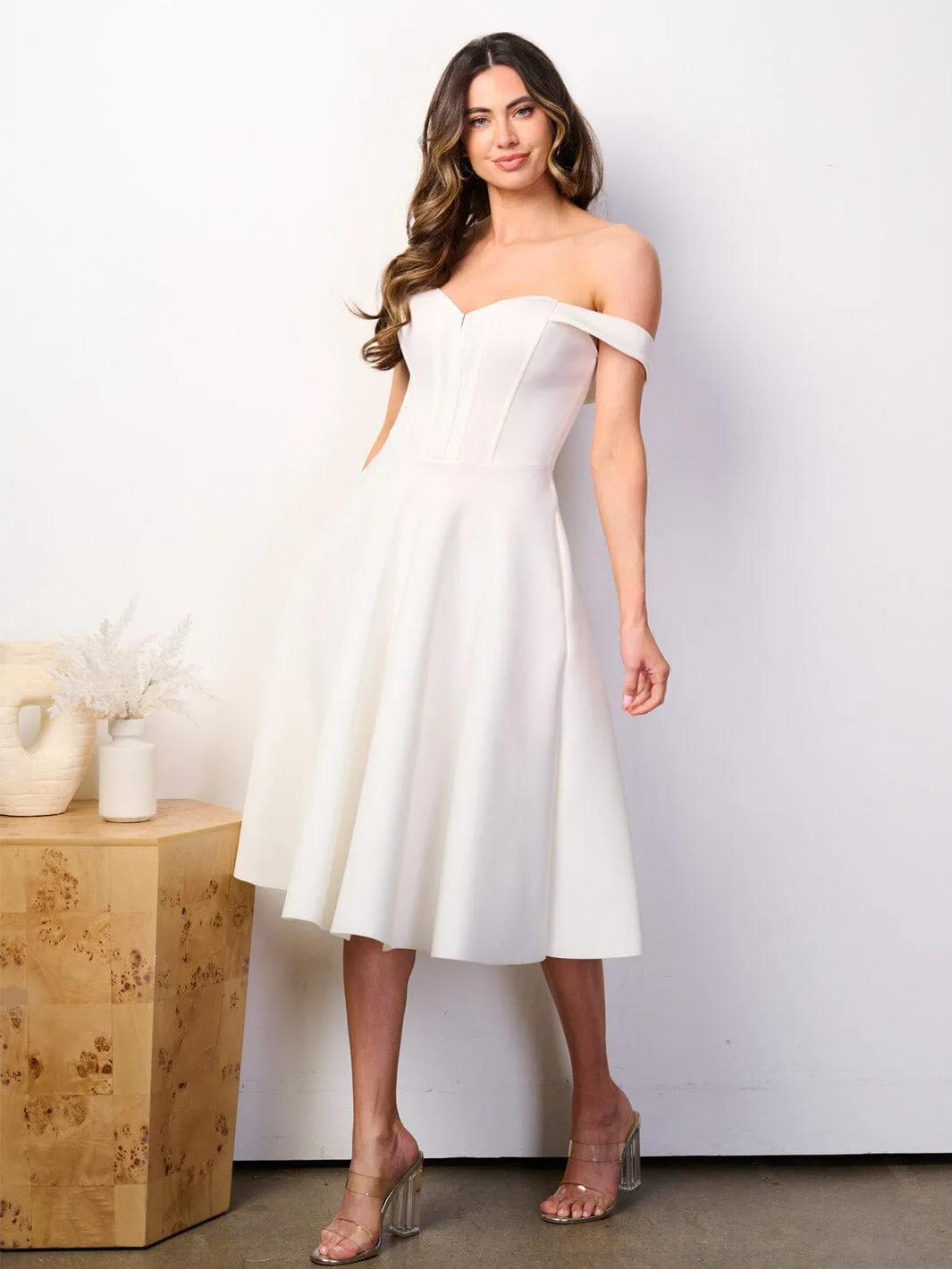 WOMEN'S OFF SHOULDER BUSTIER POCKETS FIT & FLARE BANDAGE MIDI DRESS