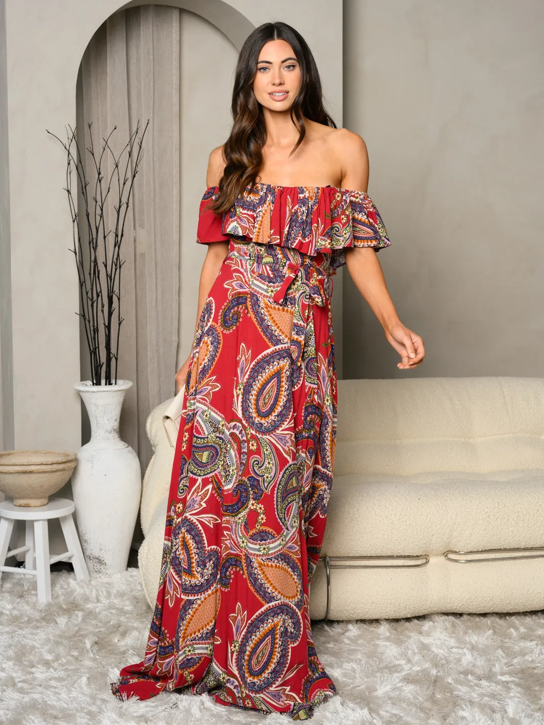 WOMEN'S OFF SHOULDER PAISLEY PRINT SIDE SLIT MAXI DRESS