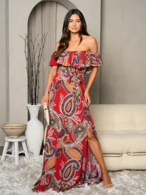 WOMEN'S OFF SHOULDER PAISLEY PRINT SIDE SLIT MAXI DRESS