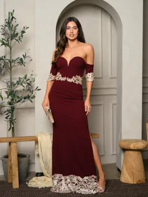 WOMEN'S OFF SHOULDER V-NECK BODYCON LACE DETAILED MAXI DRESS