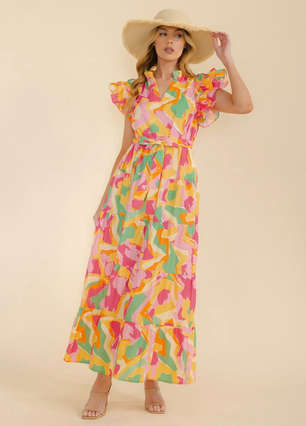 WOMEN'S RUFFLE SLEEVE V-NECK TIERED POCKETS MULTI PRINT MAXI DRESS