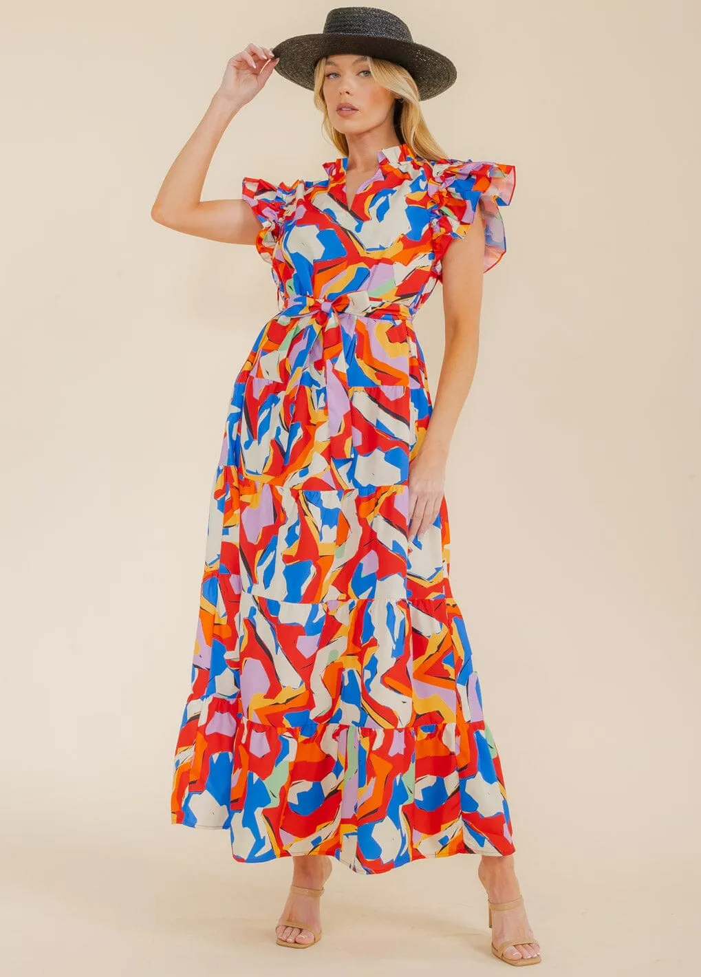 WOMEN'S RUFFLE SLEEVE V-NECK TIERED POCKETS MULTI PRINT MAXI DRESS