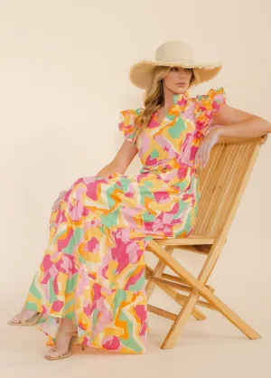 WOMEN'S RUFFLE SLEEVE V-NECK TIERED POCKETS MULTI PRINT MAXI DRESS