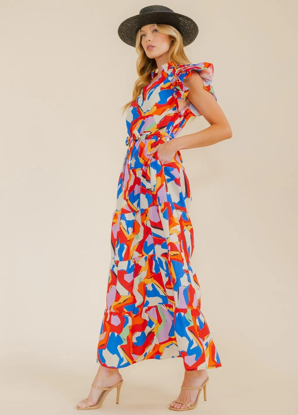 WOMEN'S RUFFLE SLEEVE V-NECK TIERED POCKETS MULTI PRINT MAXI DRESS