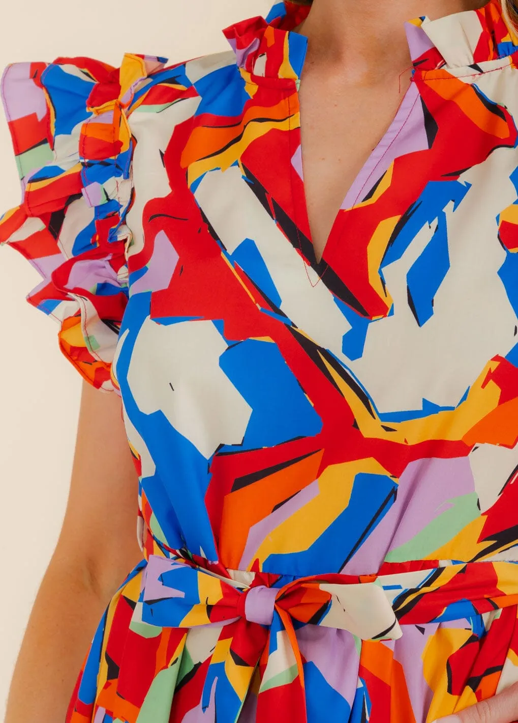 WOMEN'S RUFFLE SLEEVE V-NECK TIERED POCKETS MULTI PRINT MAXI DRESS