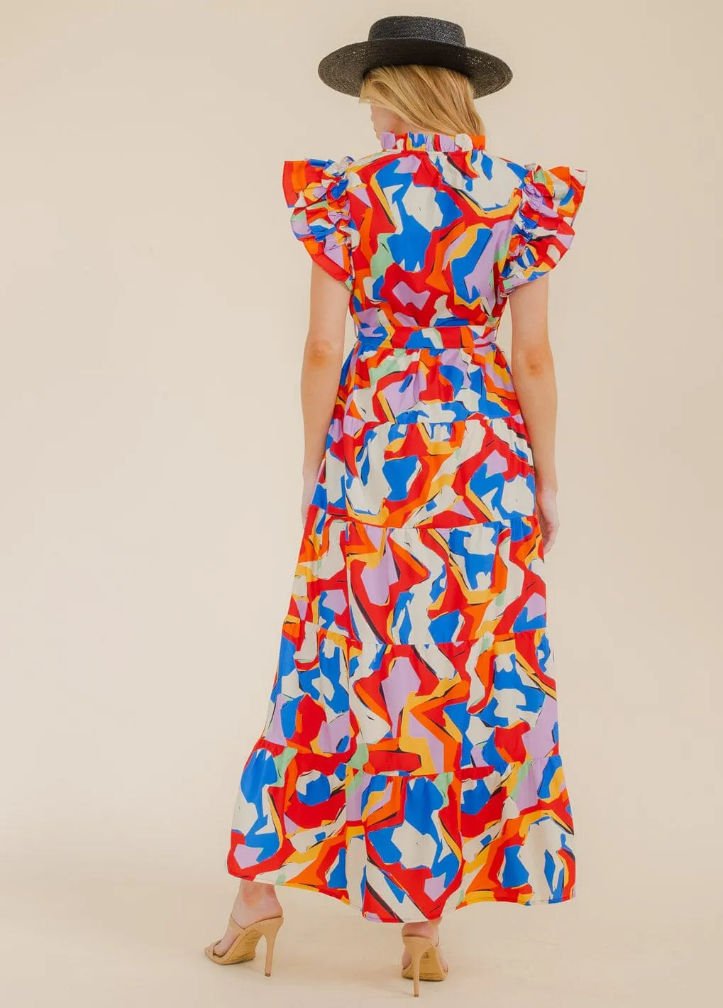 WOMEN'S RUFFLE SLEEVE V-NECK TIERED POCKETS MULTI PRINT MAXI DRESS