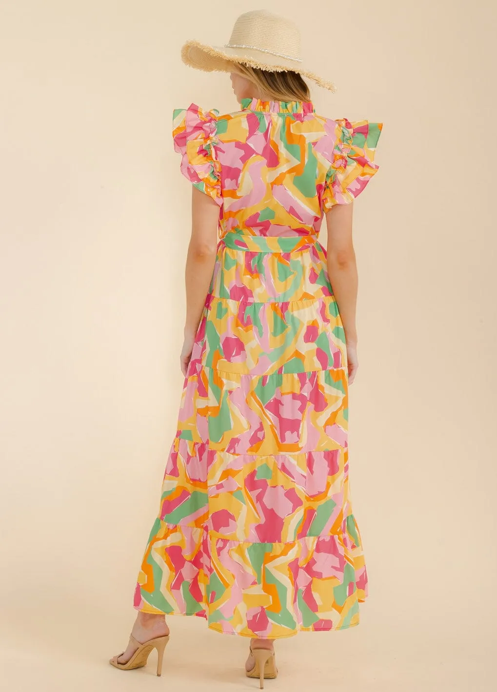 WOMEN'S RUFFLE SLEEVE V-NECK TIERED POCKETS MULTI PRINT MAXI DRESS