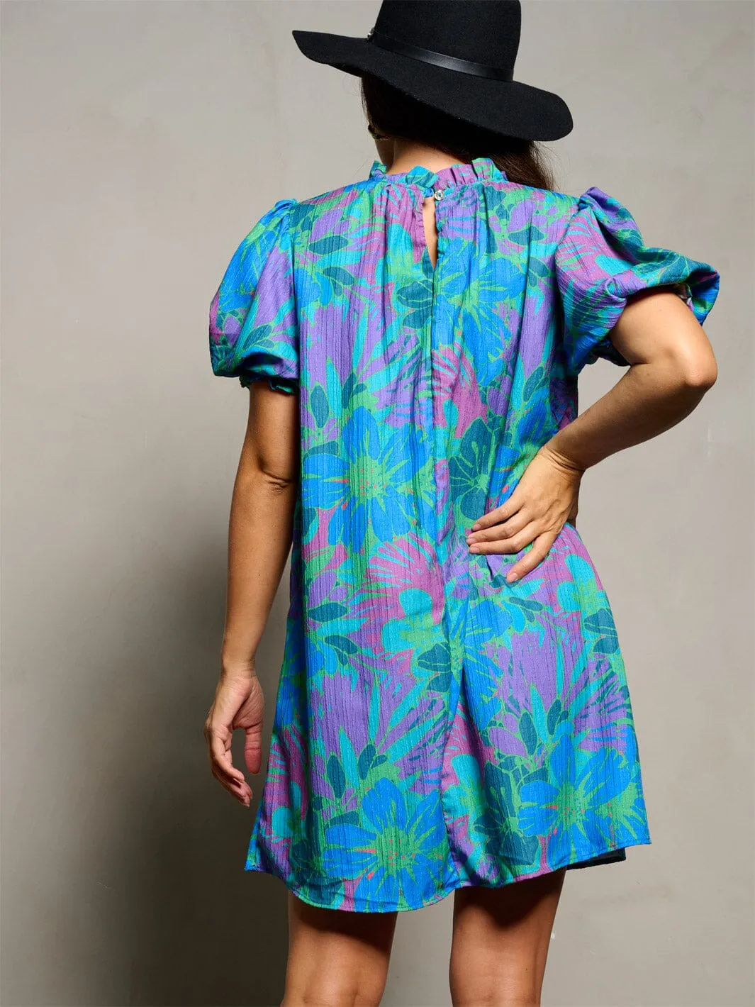 WOMEN'S SHORT PUFF SLEEVE MOCK NECK FLORAL PRINT MINI DRESS
