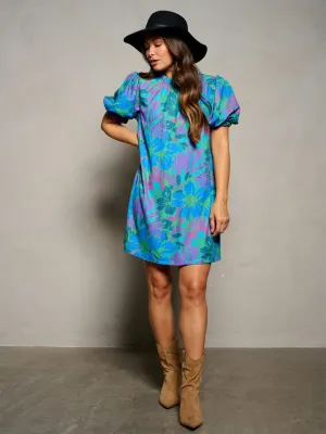 WOMEN'S SHORT PUFF SLEEVE MOCK NECK FLORAL PRINT MINI DRESS