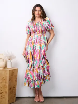 WOMEN'S SHORT PUFF SLEEVE POCKETS SMOCK MULTI PRINT MAXI DRESS
