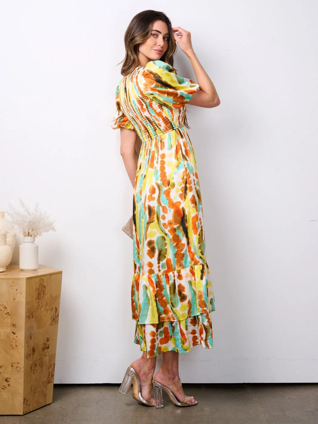 WOMEN'S SHORT PUFF SLEEVE POCKETS SMOCK MULTI PRINT MAXI DRESS