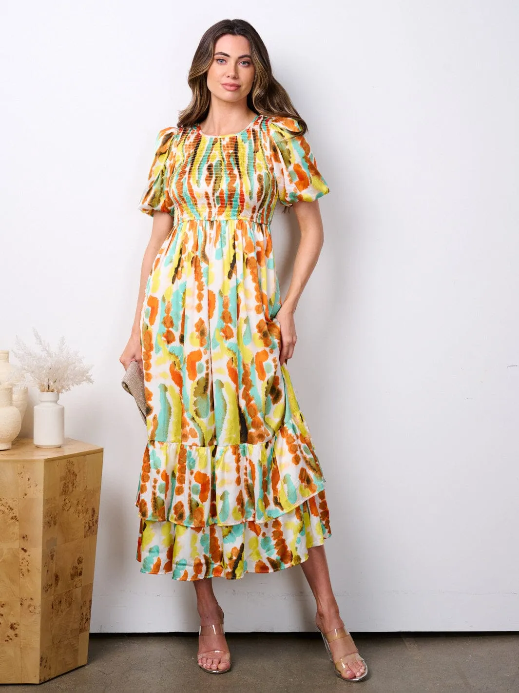 WOMEN'S SHORT PUFF SLEEVE POCKETS SMOCK MULTI PRINT MAXI DRESS