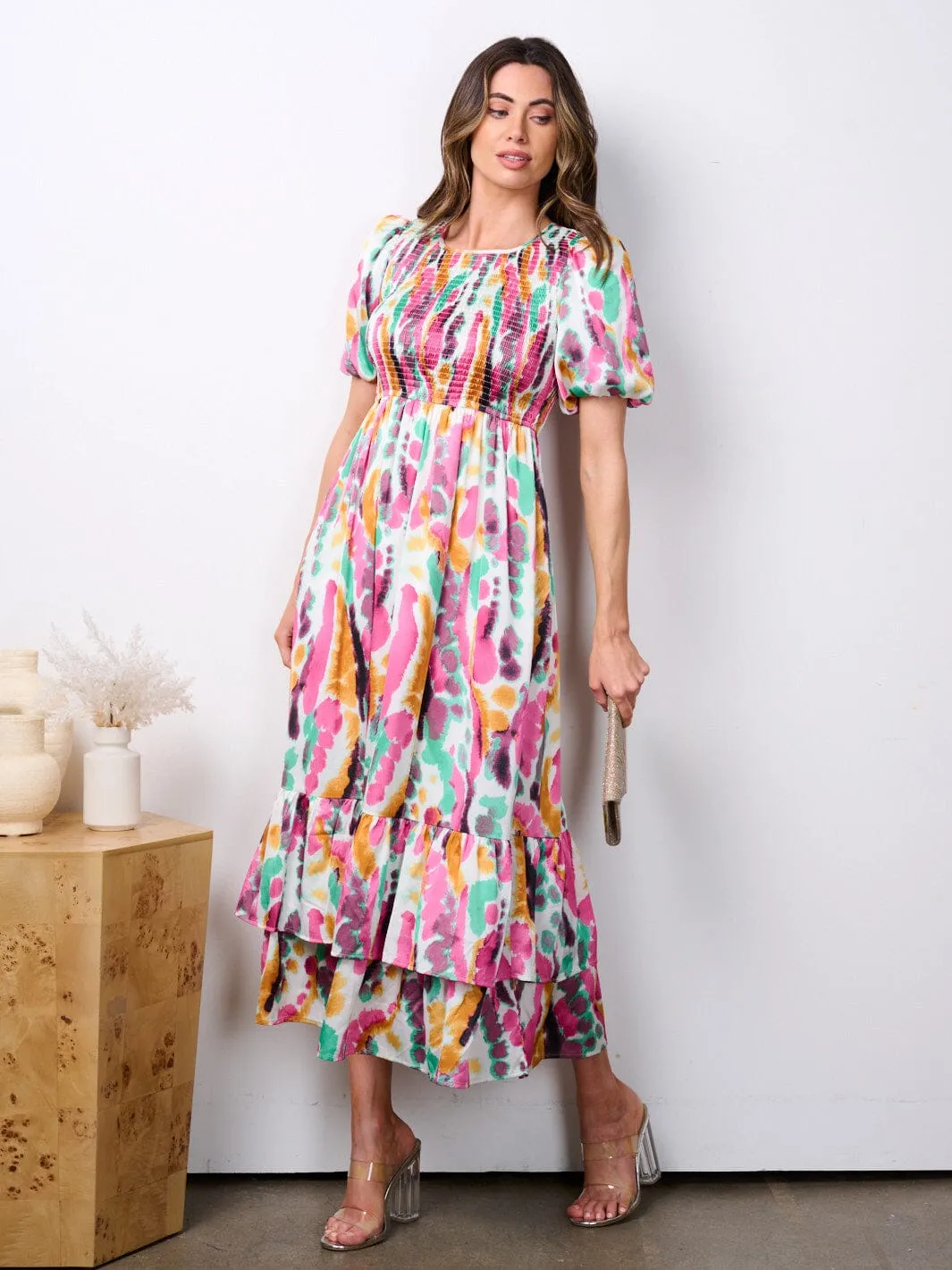 WOMEN'S SHORT PUFF SLEEVE POCKETS SMOCK MULTI PRINT MAXI DRESS