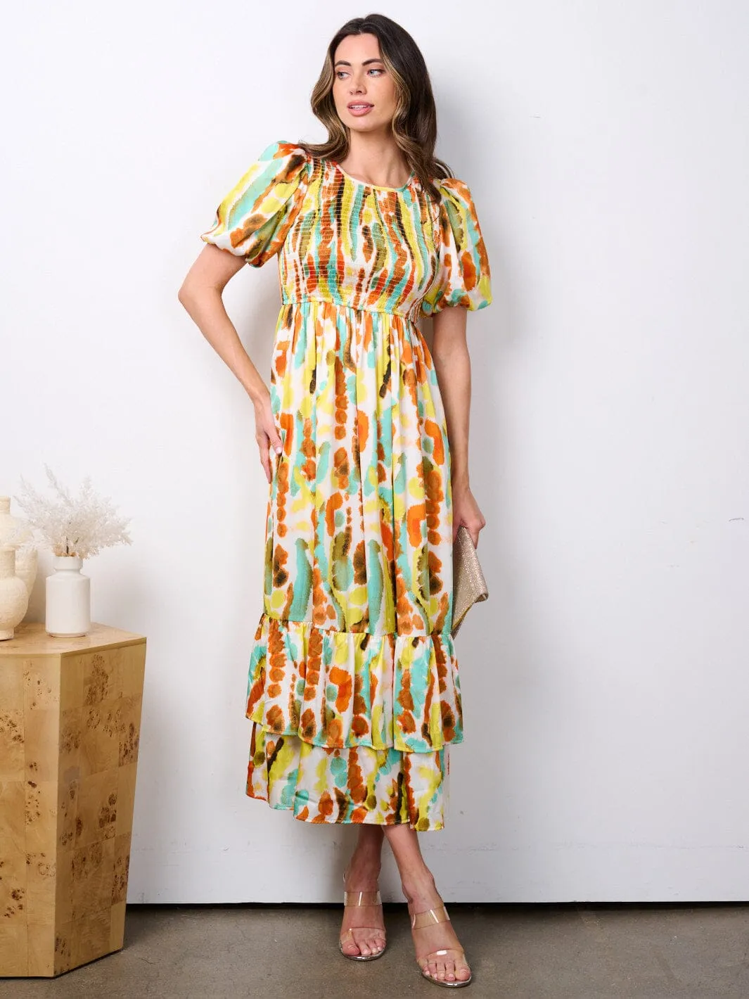 WOMEN'S SHORT PUFF SLEEVE POCKETS SMOCK MULTI PRINT MAXI DRESS