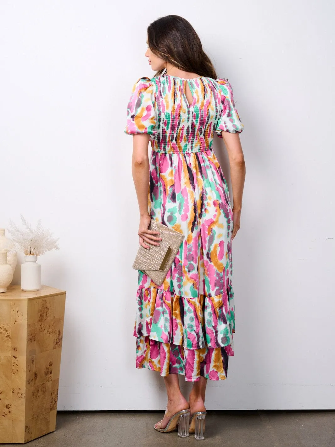 WOMEN'S SHORT PUFF SLEEVE POCKETS SMOCK MULTI PRINT MAXI DRESS