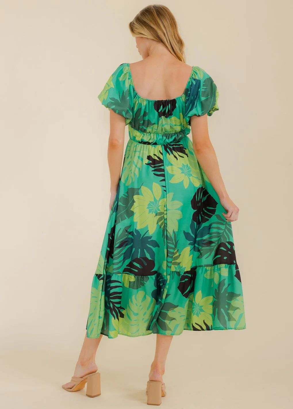 WOMEN'S SHORT PUFF SLEEVE TIERED ELASTIC WAIST LEAF PRINT MAXI DRESS