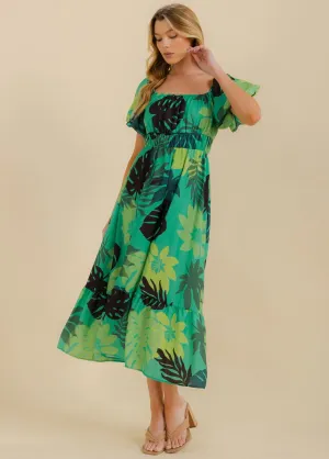 WOMEN'S SHORT PUFF SLEEVE TIERED ELASTIC WAIST LEAF PRINT MAXI DRESS